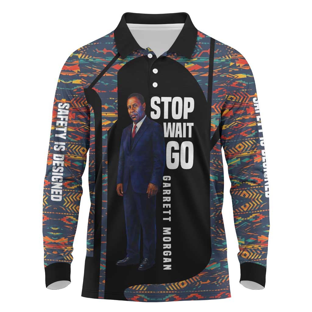 Garrett Morgan Long Sleeve Polo Shirt with Full Body Portrait, Stop Wait Go Quote, Traffic Light Design - Wonder Print Shop