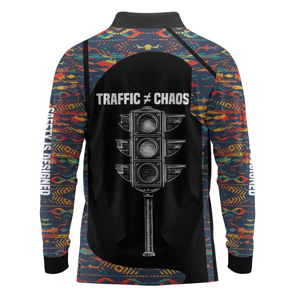 Garrett Morgan Long Sleeve Polo Shirt with Full Body Portrait, Stop Wait Go Quote, Traffic Light Design - Wonder Print Shop