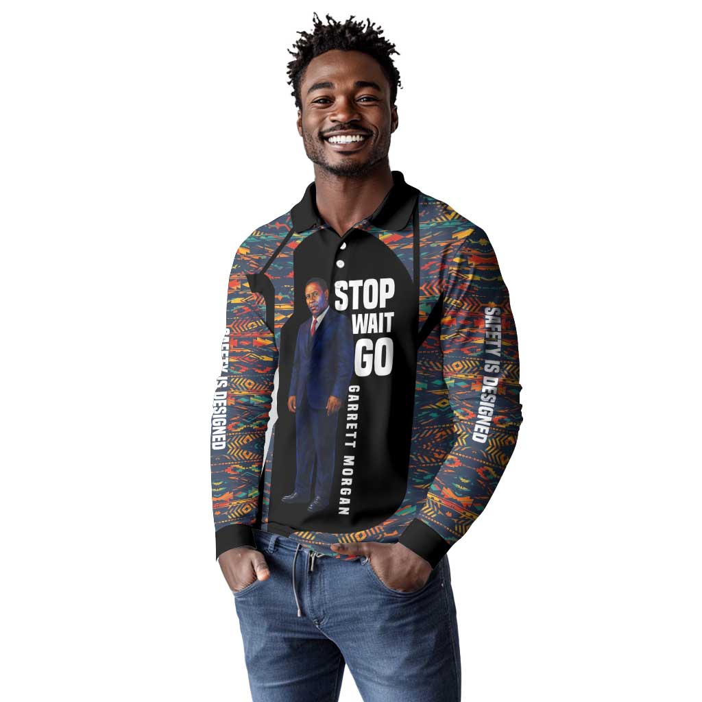 Garrett Morgan Long Sleeve Polo Shirt with Full Body Portrait, Stop Wait Go Quote, Traffic Light Design - Wonder Print Shop