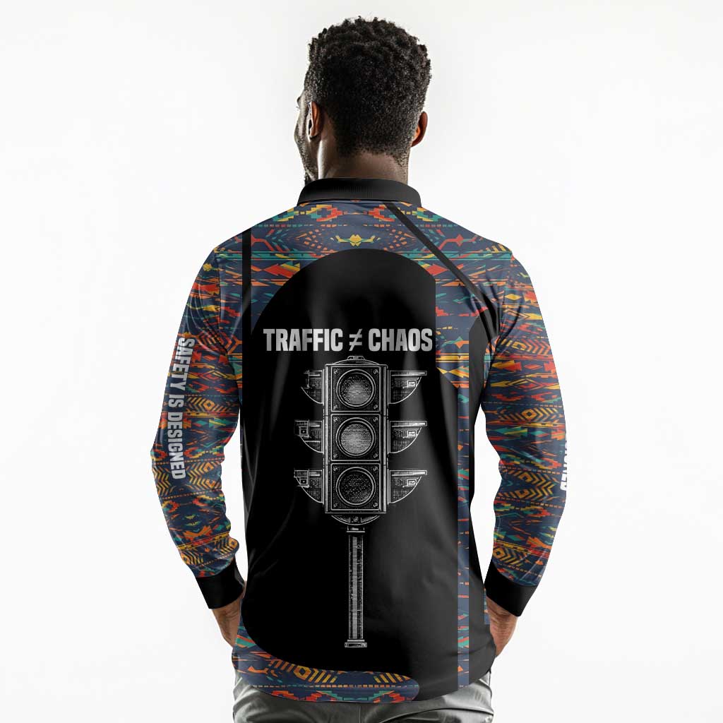 Garrett Morgan Long Sleeve Polo Shirt with Full Body Portrait, Stop Wait Go Quote, Traffic Light Design - Wonder Print Shop