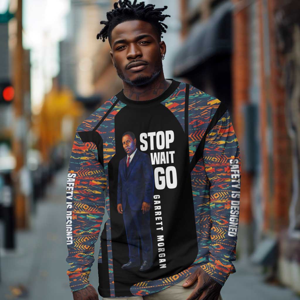 Garrett Morgan Long Sleeve Shirt with Full Body Portrait, Stop Wait Go Quote, Traffic Light Design - Wonder Print Shop