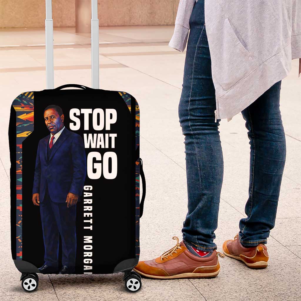 Garrett Morgan Luggage Cover with Full Body Portrait, Stop Wait Go Quote, Traffic Light Design - Wonder Print Shop