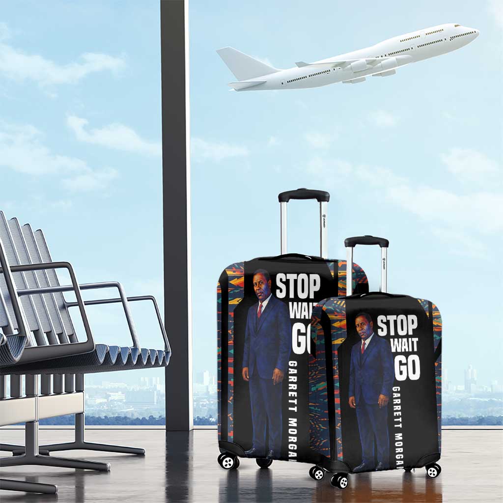 Garrett Morgan Luggage Cover with Full Body Portrait, Stop Wait Go Quote, Traffic Light Design - Wonder Print Shop