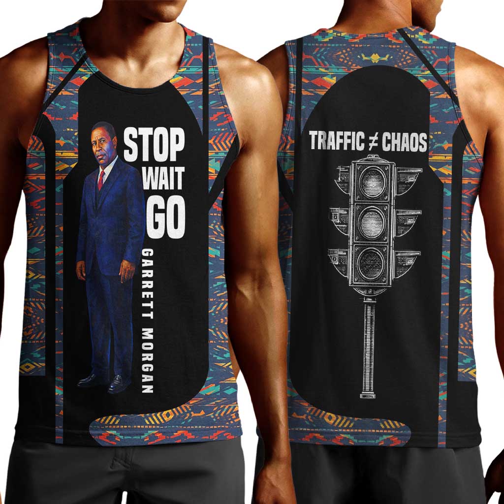 Garrett Morgan Men Tank Top with Full Body Portrait, Stop Wait Go Quote, Traffic Light Design - Wonder Print Shop