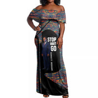 Garrett Morgan Off Shoulder Maxi Dress with Full Body Portrait, Stop Wait Go Quote, Traffic Light Design - Wonder Print Shop