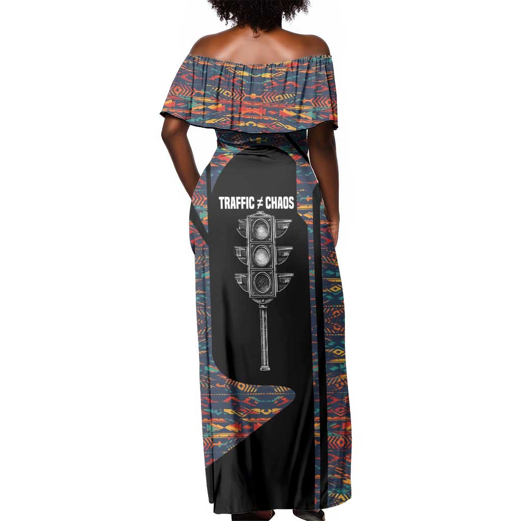 Garrett Morgan Off Shoulder Maxi Dress with Full Body Portrait, Stop Wait Go Quote, Traffic Light Design - Wonder Print Shop