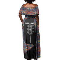Garrett Morgan Off Shoulder Maxi Dress with Full Body Portrait, Stop Wait Go Quote, Traffic Light Design - Wonder Print Shop