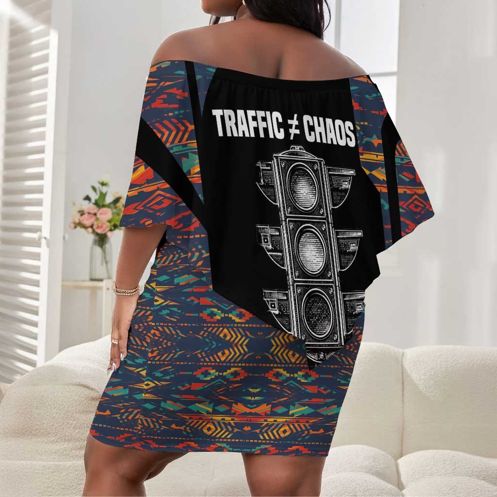 Garrett Morgan Off Shoulder Short Dress with Full Body Portrait, Stop Wait Go Quote, Traffic Light Design - Wonder Print Shop