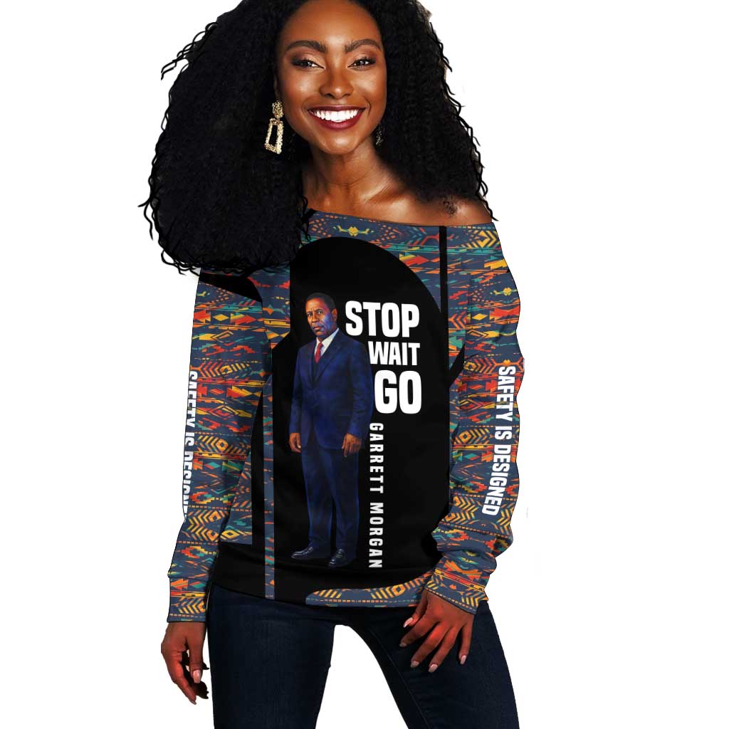 Garrett Morgan Off Shoulder Sweater with Full Body Portrait, Stop Wait Go Quote, Traffic Light Design - Wonder Print Shop
