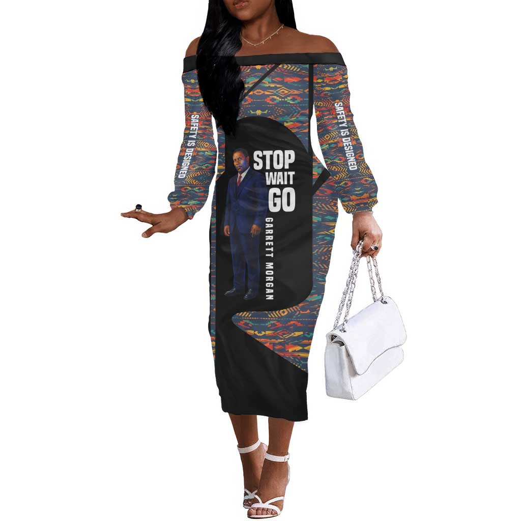 Garrett Morgan Off The Shoulder Long Sleeve Dress with Full Body Portrait, Stop Wait Go Quote, Traffic Light Design - Wonder Print Shop