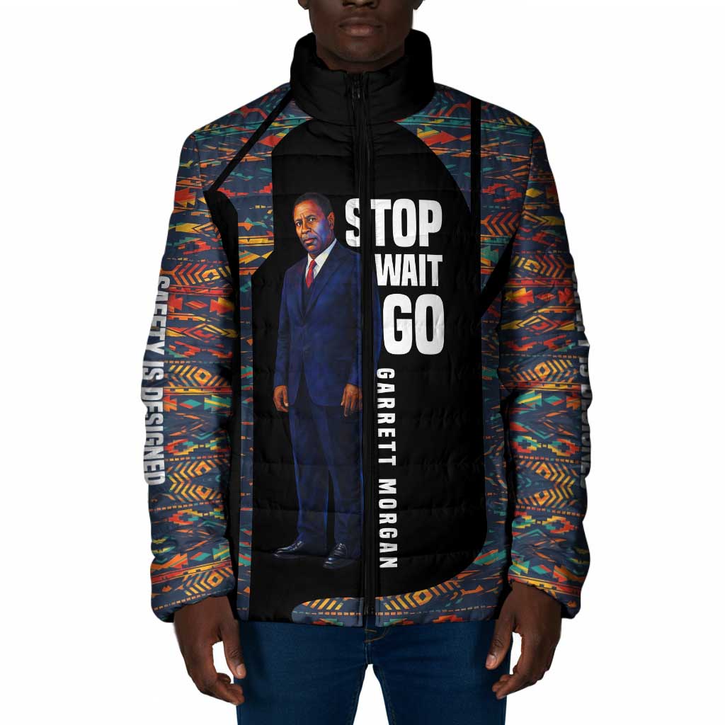 Garrett Morgan Padded Jacket with Full Body Portrait, Stop Wait Go Quote, Traffic Light Design - Wonder Print Shop