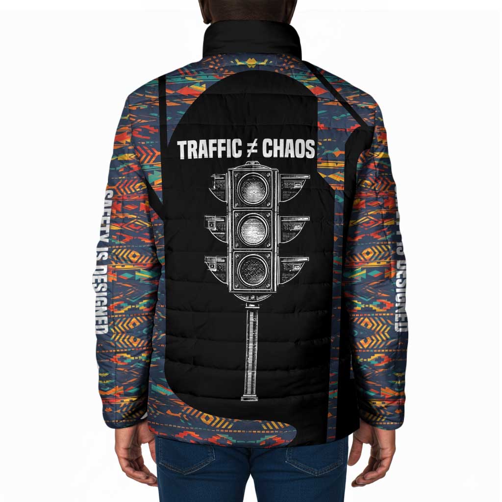 Garrett Morgan Padded Jacket with Full Body Portrait, Stop Wait Go Quote, Traffic Light Design - Wonder Print Shop