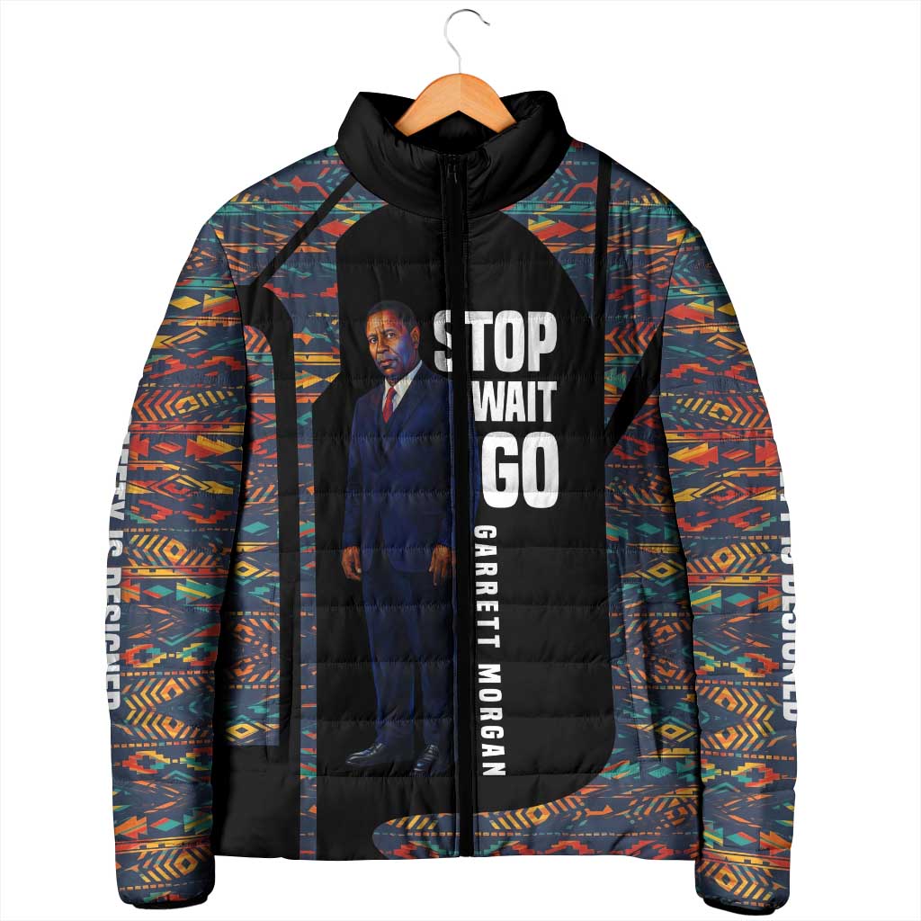 Garrett Morgan Padded Jacket with Full Body Portrait, Stop Wait Go Quote, Traffic Light Design - Wonder Print Shop