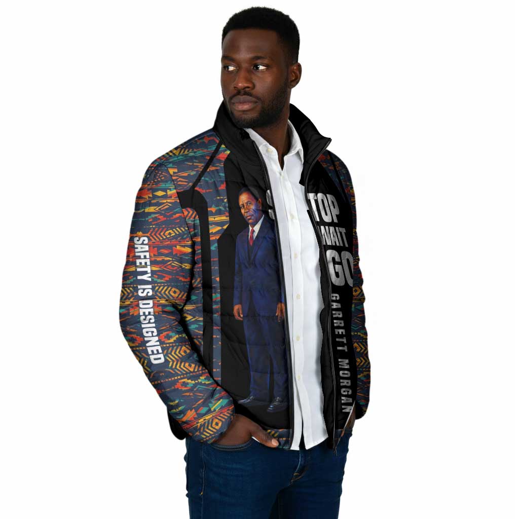 Garrett Morgan Padded Jacket with Full Body Portrait, Stop Wait Go Quote, Traffic Light Design - Wonder Print Shop