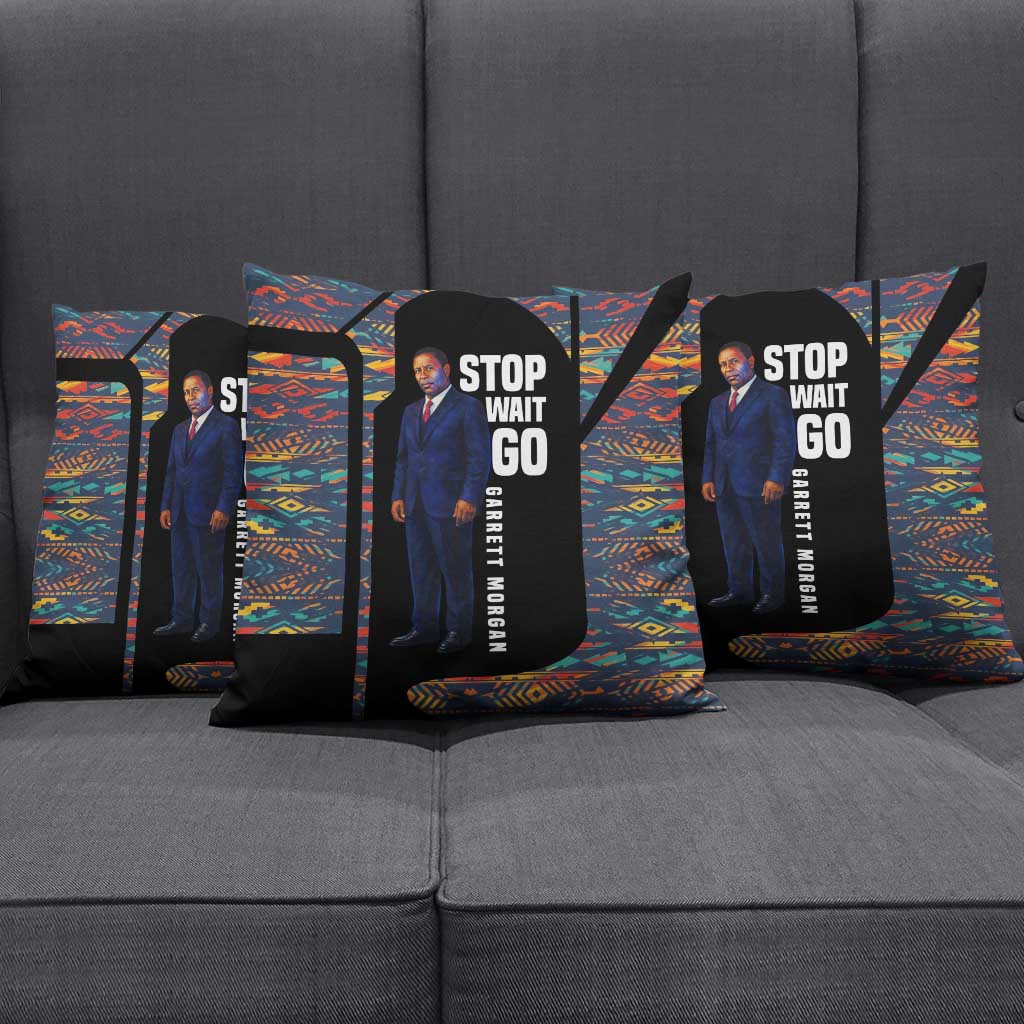 Garrett Morgan Pillow Cover with Full Body Portrait, Stop Wait Go Quote, Traffic Light Design - Wonder Print Shop