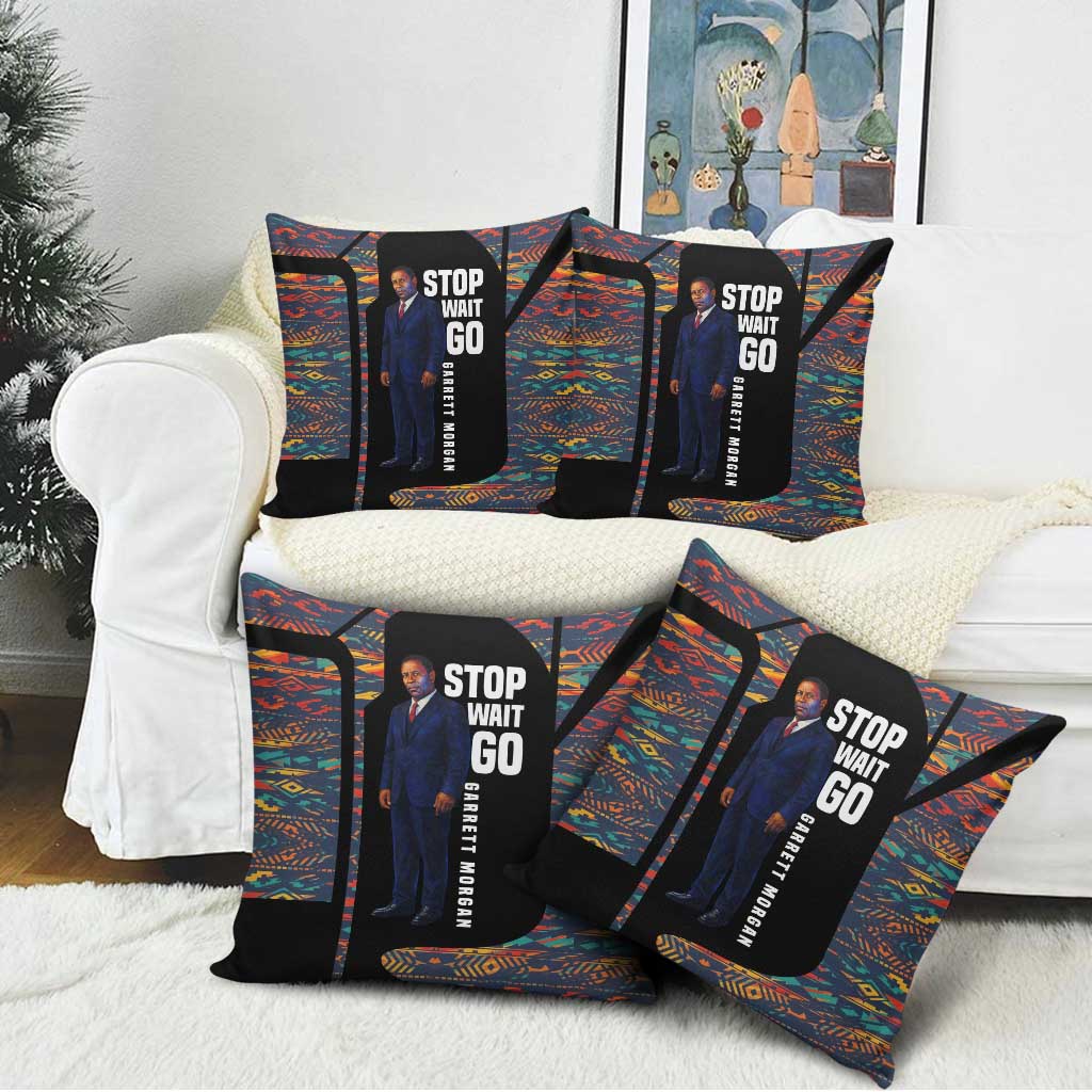 Garrett Morgan Pillow Cover with Full Body Portrait, Stop Wait Go Quote, Traffic Light Design - Wonder Print Shop