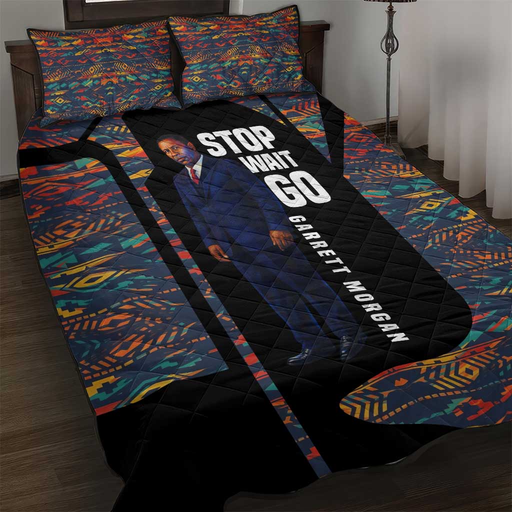 Garrett Morgan Quilt Bed Set with Full Body Portrait, Stop Wait Go Quote, Traffic Light Design - Wonder Print Shop