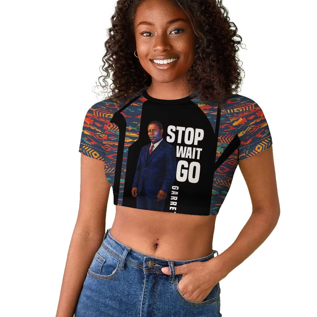 Garrett Morgan Raglan Cropped T shirt with Full Body Portrait, Stop Wait Go Quote, Traffic Light Design - Wonder Print Shop