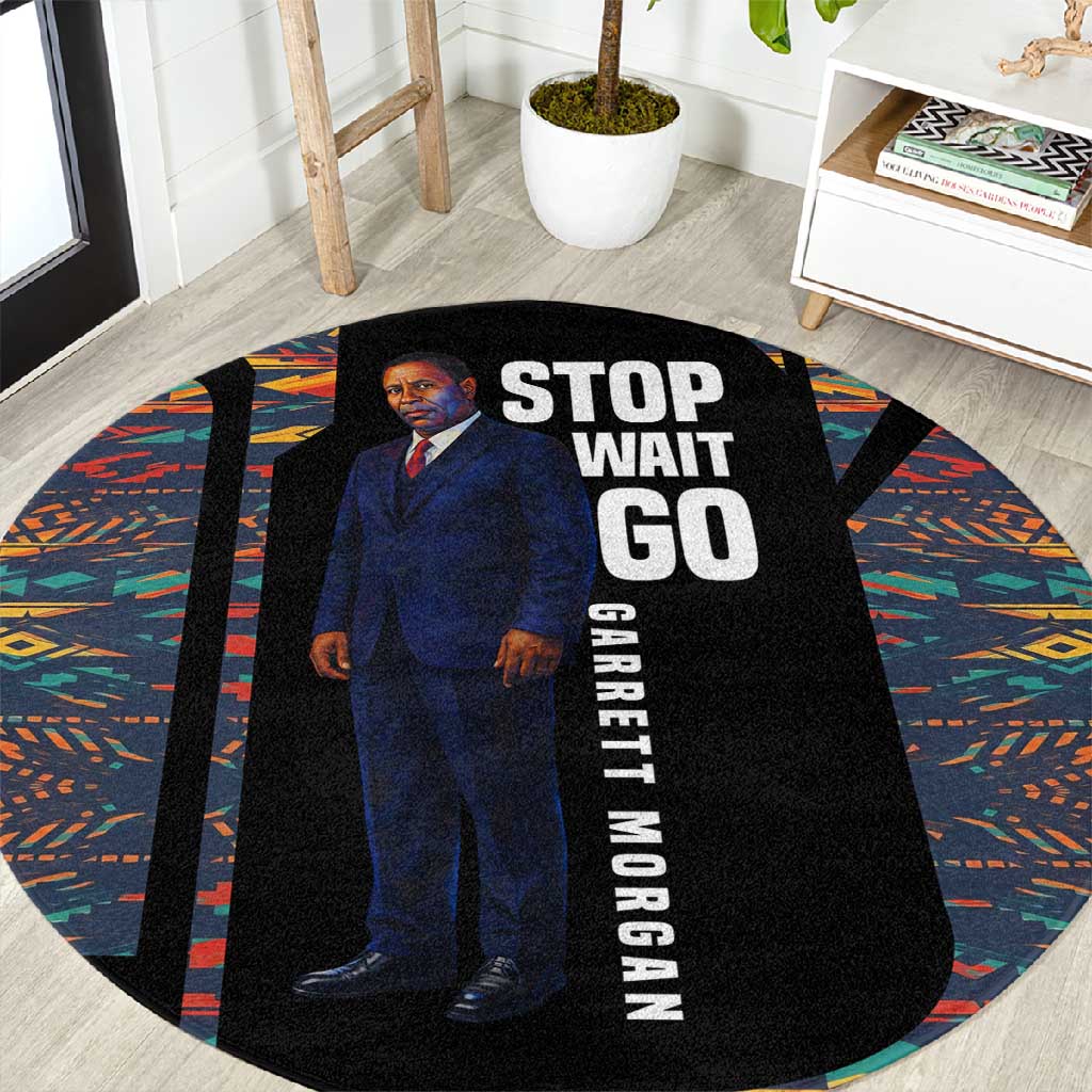 Garrett Morgan Round Carpet with Full Body Portrait, Stop Wait Go Quote, Traffic Light Design - Wonder Print Shop