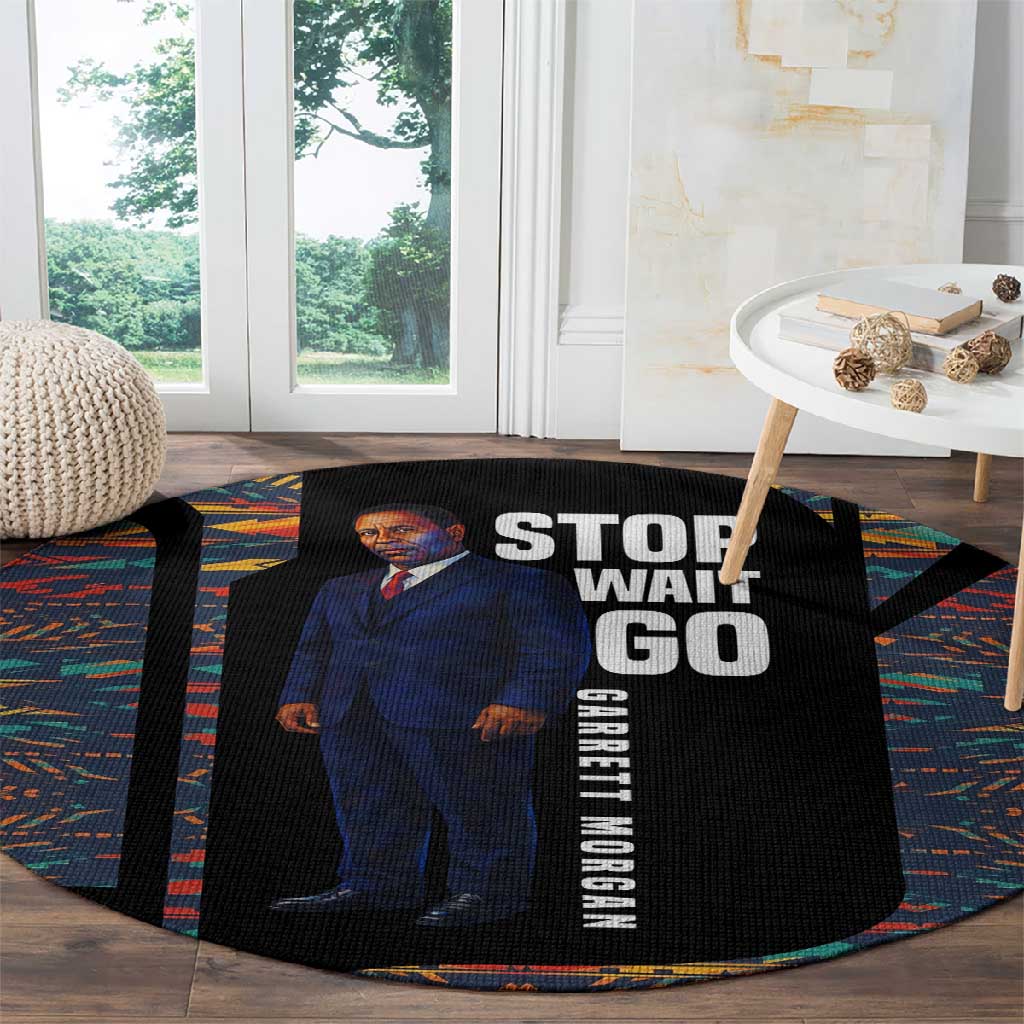 Garrett Morgan Round Carpet with Full Body Portrait, Stop Wait Go Quote, Traffic Light Design - Wonder Print Shop