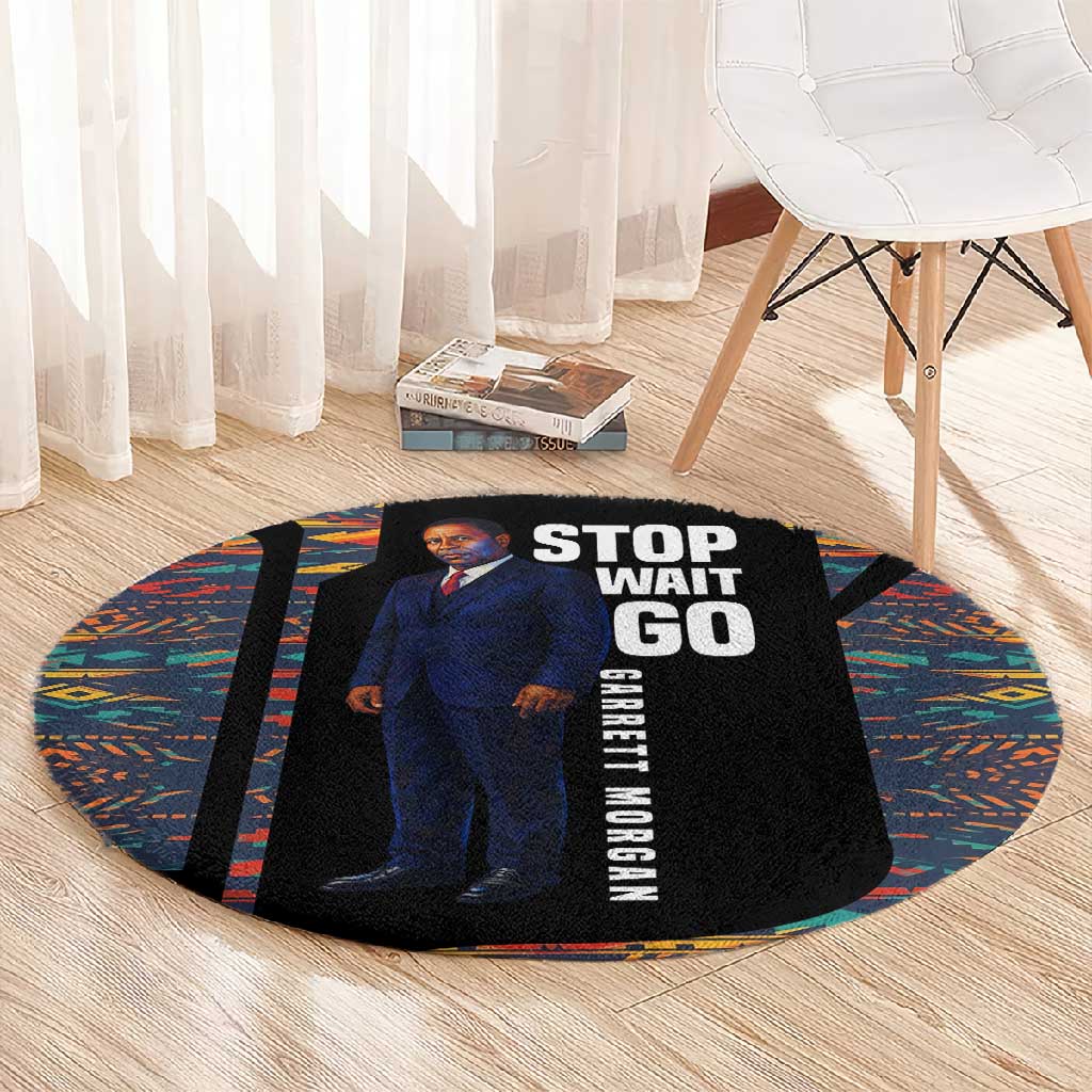 Garrett Morgan Round Carpet with Full Body Portrait, Stop Wait Go Quote, Traffic Light Design - Wonder Print Shop