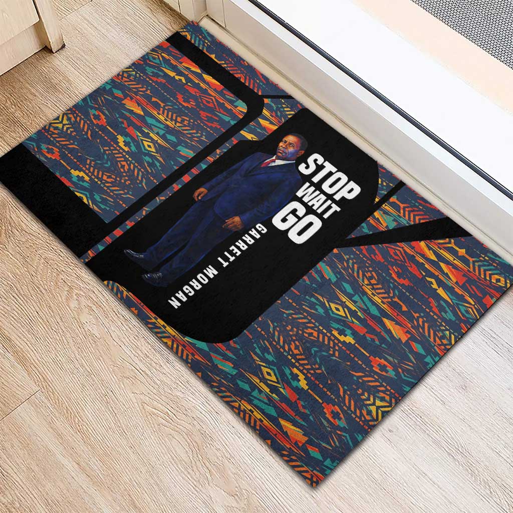Garrett Morgan Rubber Doormat with Full Body Portrait, Stop Wait Go Quote, Traffic Light Design - Wonder Print Shop