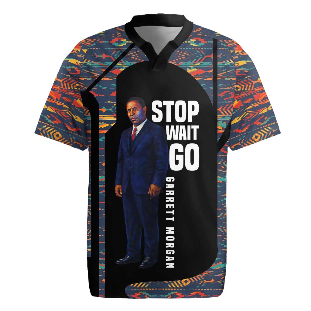 Garrett Morgan Rugby Jersey with Full Body Portrait, Stop Wait Go Quote, Traffic Light Design - Wonder Print Shop