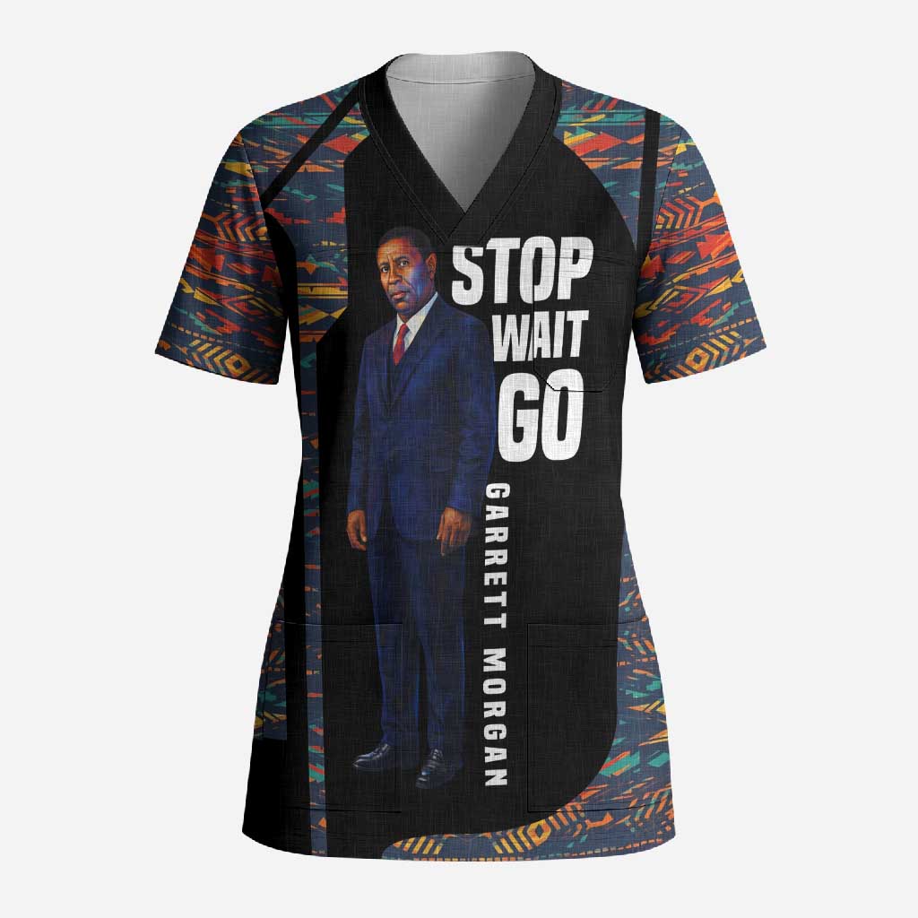 Garrett Morgan Scrub Top with Full Body Portrait, Stop Wait Go Quote, Traffic Light Design - Wonder Print Shop