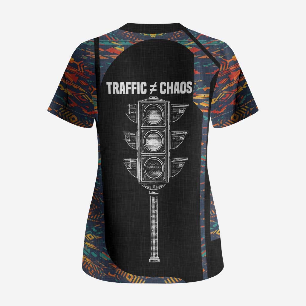 Garrett Morgan Scrub Top with Full Body Portrait, Stop Wait Go Quote, Traffic Light Design - Wonder Print Shop