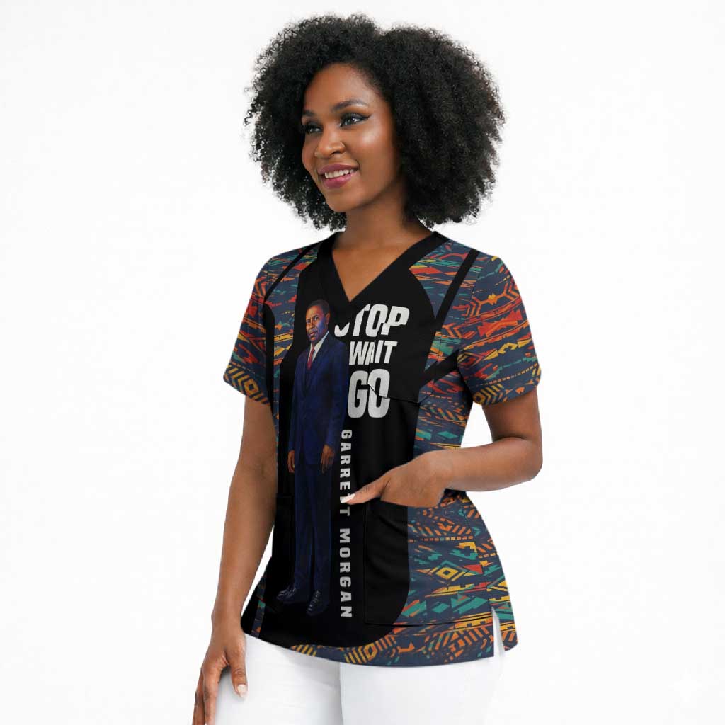 Garrett Morgan Scrub Top with Full Body Portrait, Stop Wait Go Quote, Traffic Light Design - Wonder Print Shop