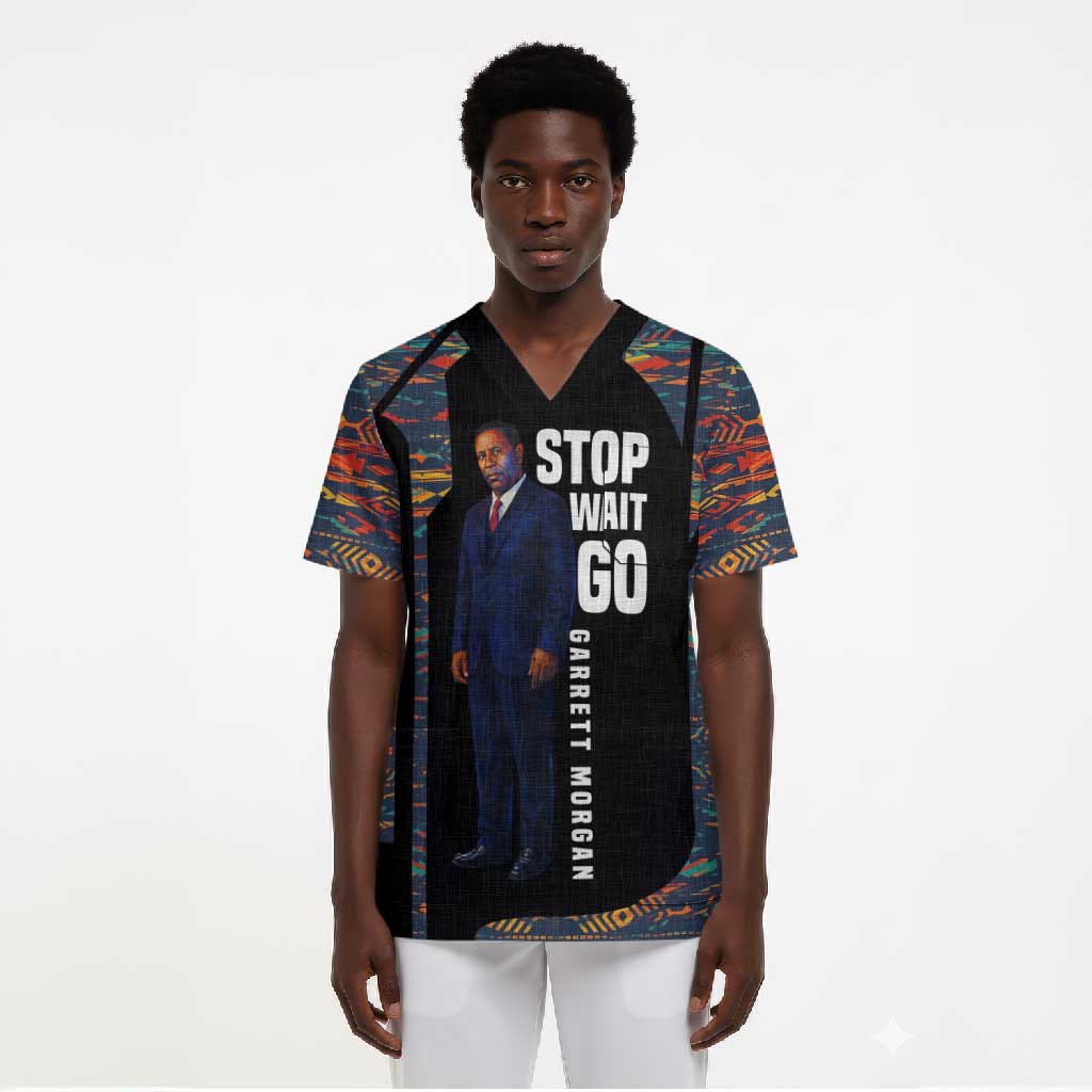 Garrett Morgan Scrub Top with Full Body Portrait, Stop Wait Go Quote, Traffic Light Design - Wonder Print Shop