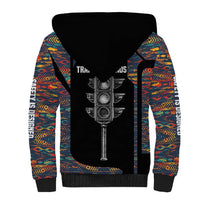 Garrett Morgan Sherpa Hoodie with Full Body Portrait, Stop Wait Go Quote, Traffic Light Design - Wonder Print Shop