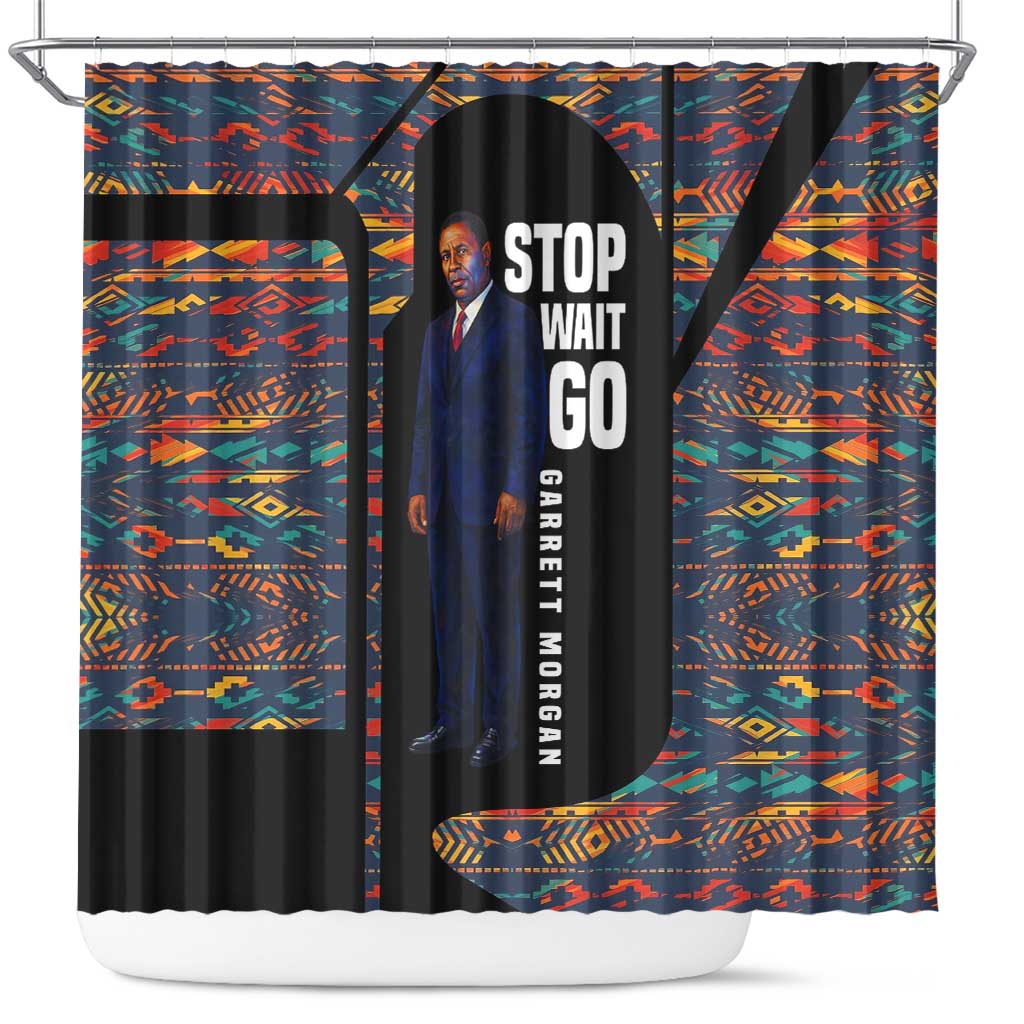 Garrett Morgan Shower Curtain with Full Body Portrait, Stop Wait Go Quote, Traffic Light Design - Wonder Print Shop
