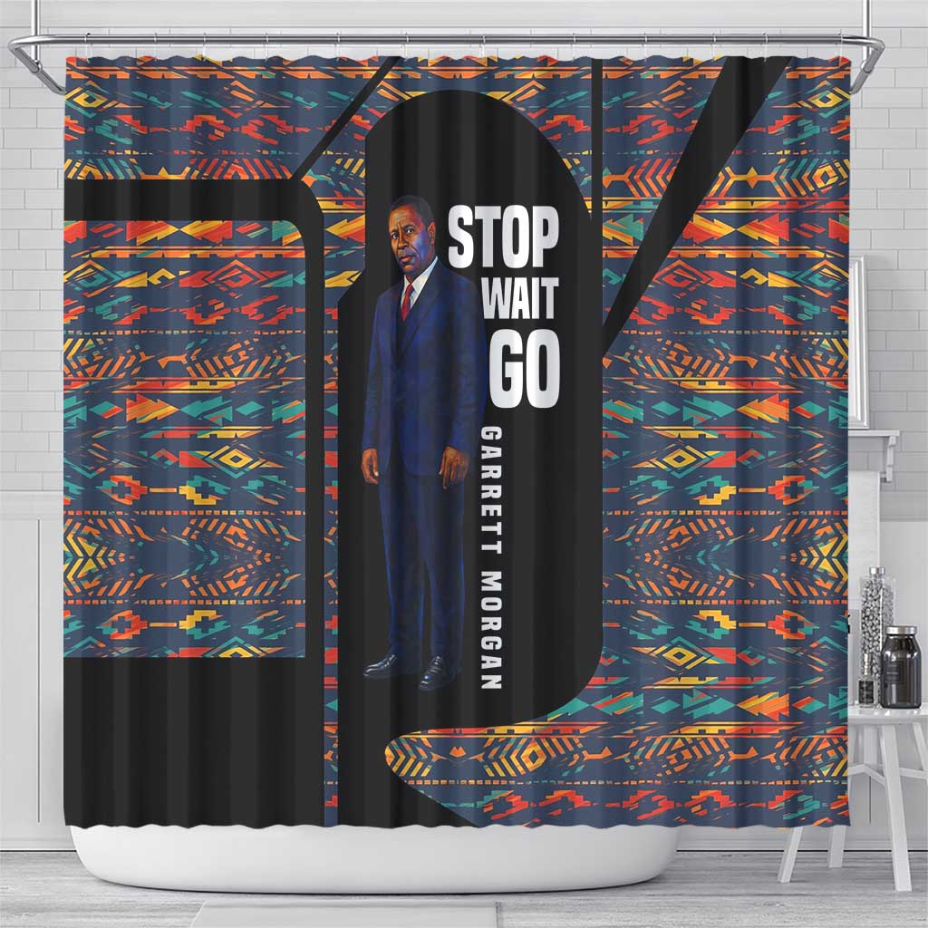 Garrett Morgan Shower Curtain with Full Body Portrait, Stop Wait Go Quote, Traffic Light Design - Wonder Print Shop