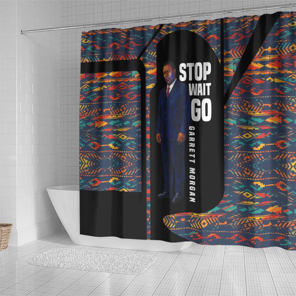 Garrett Morgan Shower Curtain with Full Body Portrait, Stop Wait Go Quote, Traffic Light Design - Wonder Print Shop