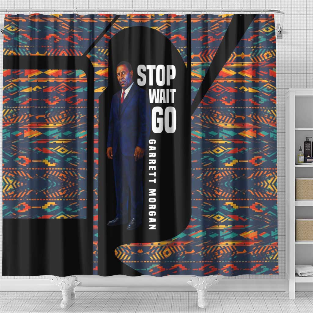 Garrett Morgan Shower Curtain with Full Body Portrait, Stop Wait Go Quote, Traffic Light Design - Wonder Print Shop
