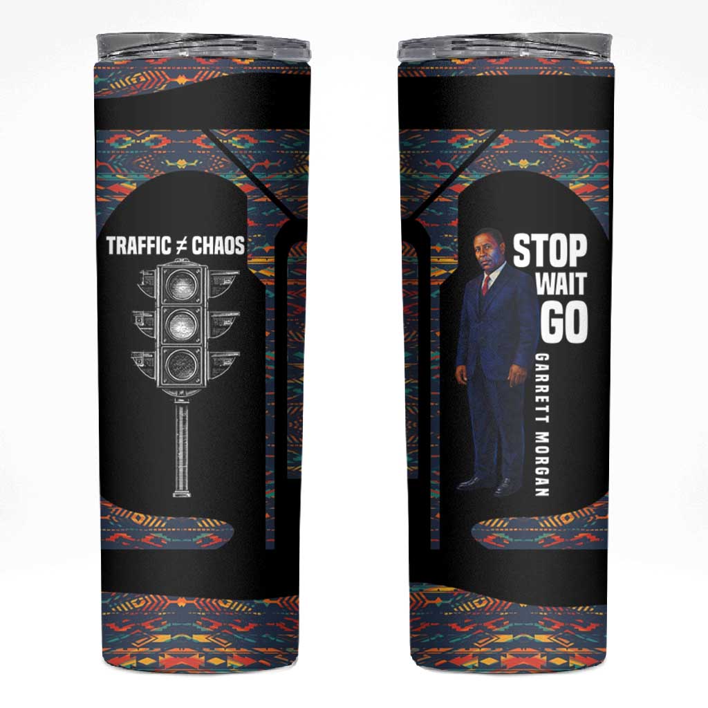 Garrett Morgan Skinny Tumbler with Full Body Portrait, Stop Wait Go Quote, Traffic Light Design - Wonder Print Shop