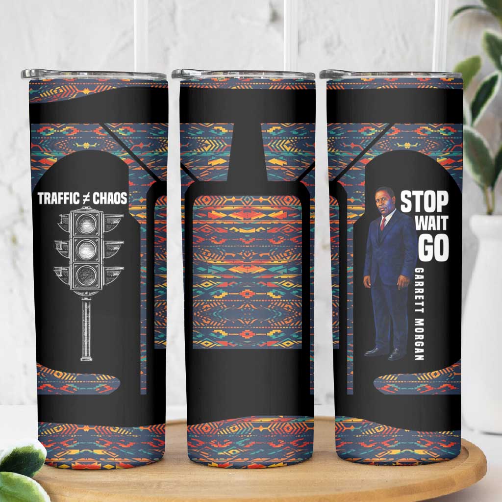 Garrett Morgan Skinny Tumbler with Full Body Portrait, Stop Wait Go Quote, Traffic Light Design - Wonder Print Shop