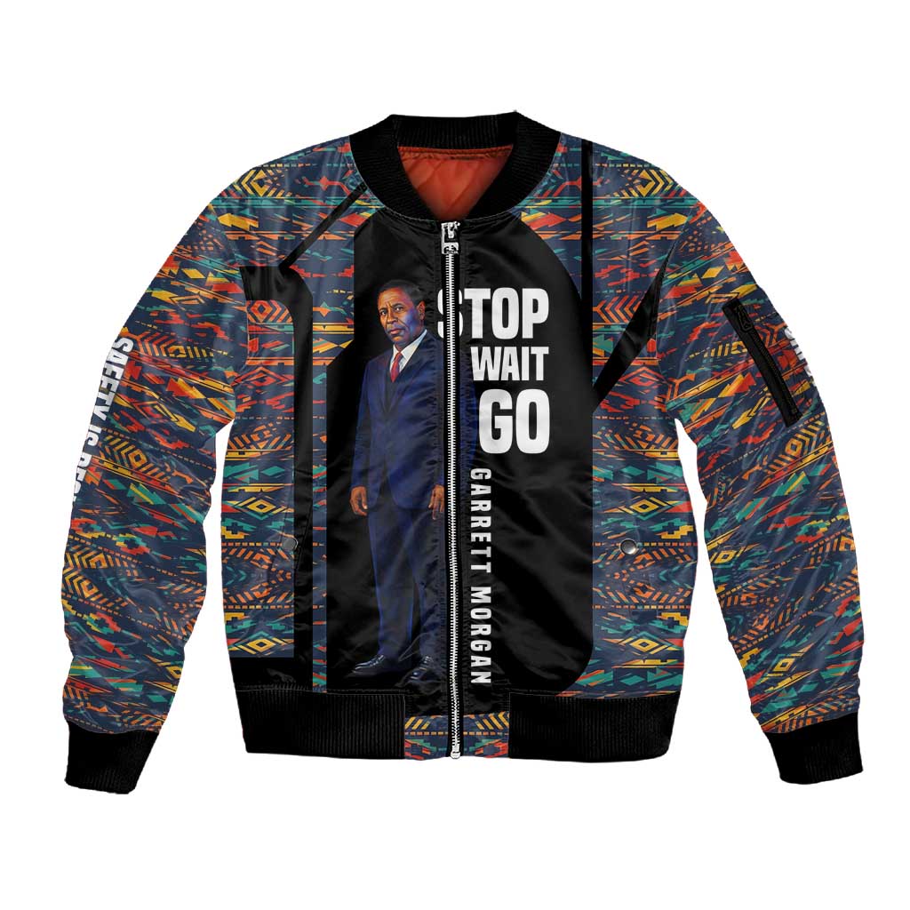 Garrett Morgan Sleeve Zip Bomber Jacket with Full Body Portrait, Stop Wait Go Quote, Traffic Light Design - Wonder Print Shop