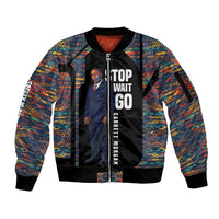 Garrett Morgan Sleeve Zip Bomber Jacket with Full Body Portrait, Stop Wait Go Quote, Traffic Light Design - Wonder Print Shop