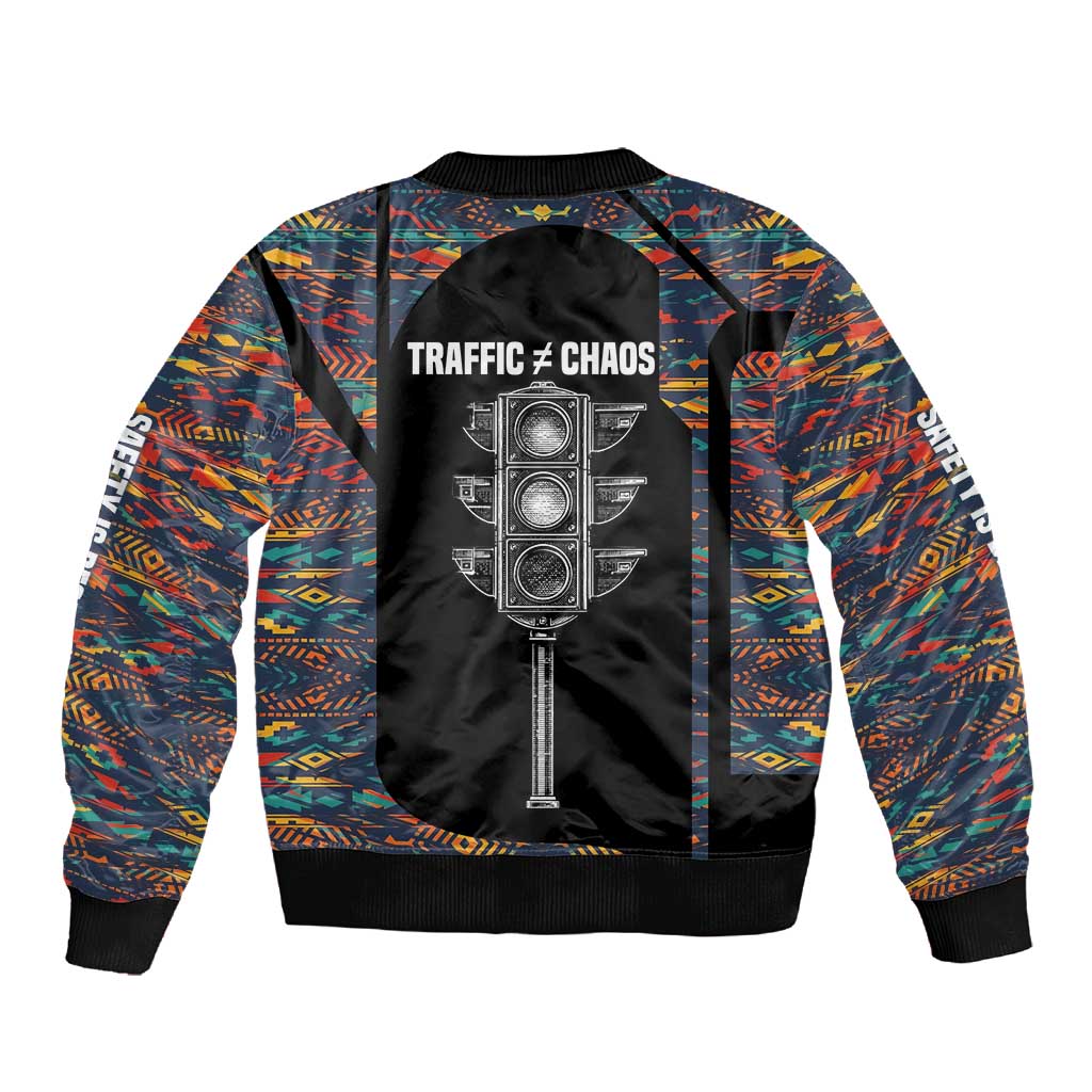 Garrett Morgan Sleeve Zip Bomber Jacket with Full Body Portrait, Stop Wait Go Quote, Traffic Light Design - Wonder Print Shop