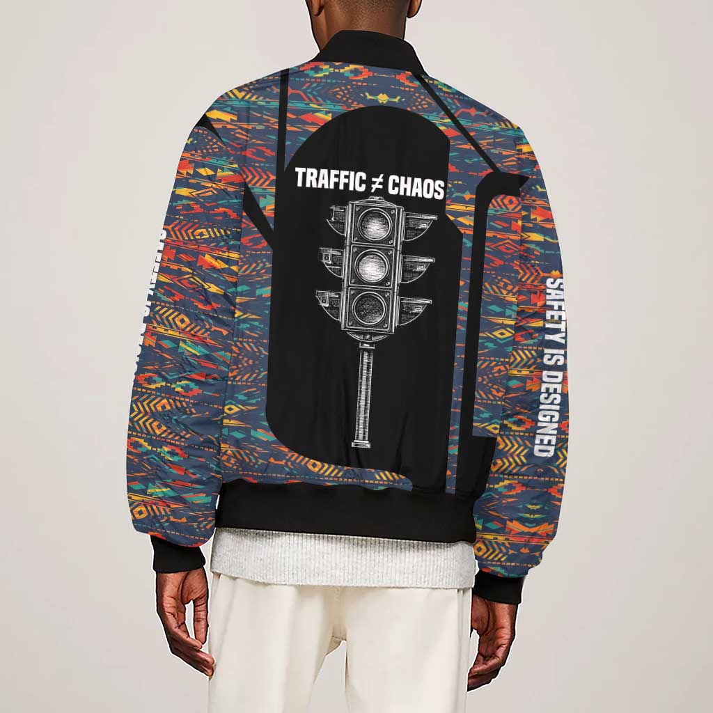 Garrett Morgan Sleeve Zip Bomber Jacket with Full Body Portrait, Stop Wait Go Quote, Traffic Light Design - Wonder Print Shop