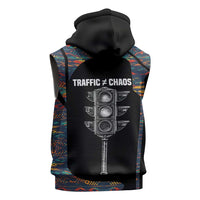 Garrett Morgan Sleeveless Hoodie with Full Body Portrait, Stop Wait Go Quote, Traffic Light Design - Wonder Print Shop