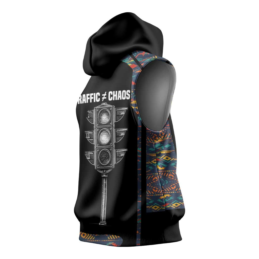 Garrett Morgan Sleeveless Hoodie with Full Body Portrait, Stop Wait Go Quote, Traffic Light Design - Wonder Print Shop