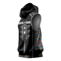 Garrett Morgan Sleeveless Hoodie with Full Body Portrait, Stop Wait Go Quote, Traffic Light Design - Wonder Print Shop