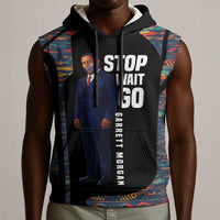 Garrett Morgan Sleeveless Hoodie with Full Body Portrait, Stop Wait Go Quote, Traffic Light Design - Wonder Print Shop