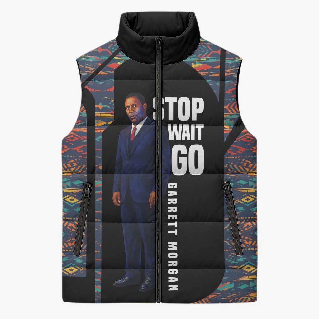 Garrett Morgan Sleeveless Puffer Jacket with Full Body Portrait, Stop Wait Go Quote, Traffic Light Design - Wonder Print Shop