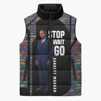 Garrett Morgan Sleeveless Puffer Jacket with Full Body Portrait, Stop Wait Go Quote, Traffic Light Design - Wonder Print Shop