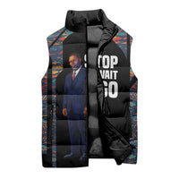 Garrett Morgan Sleeveless Puffer Jacket with Full Body Portrait, Stop Wait Go Quote, Traffic Light Design - Wonder Print Shop