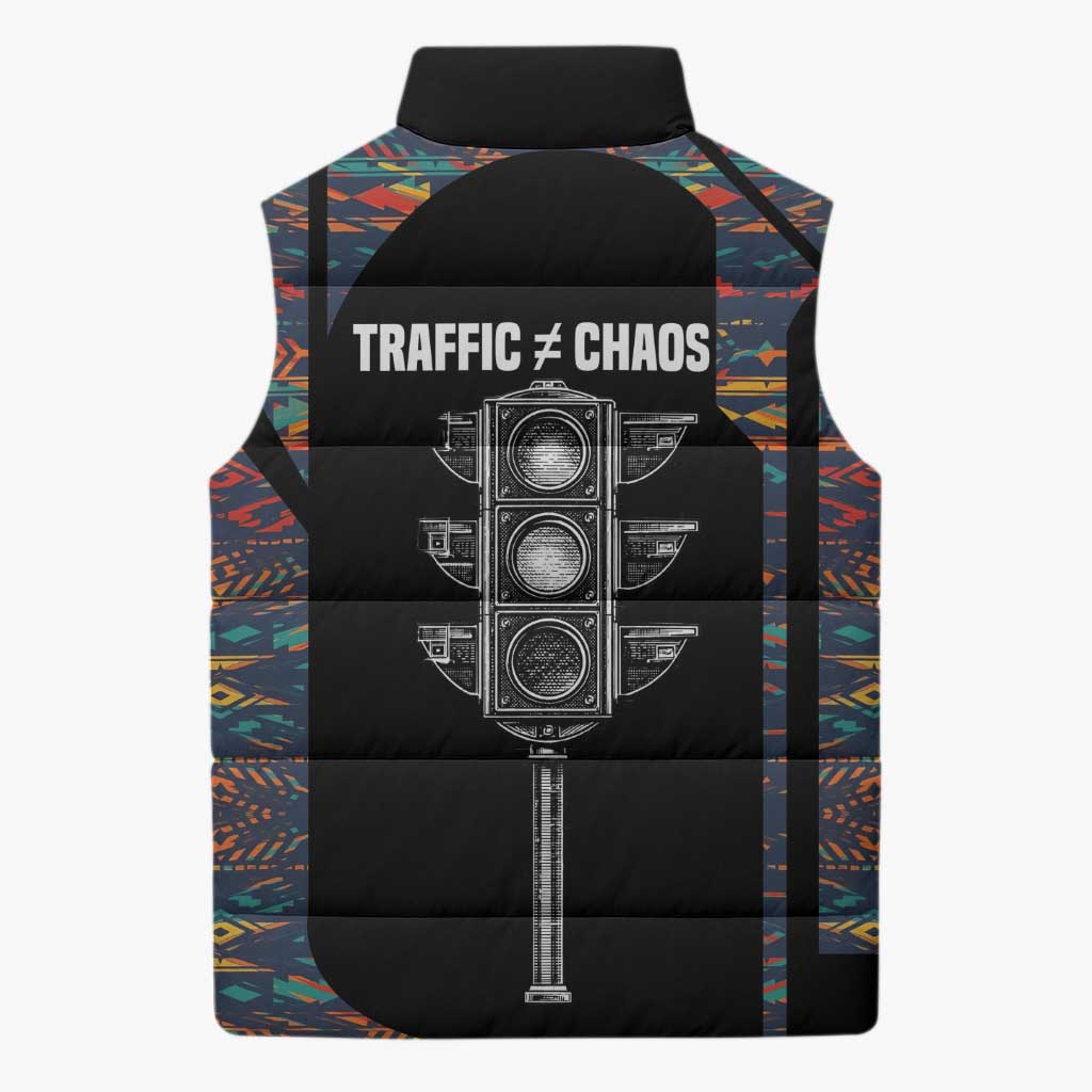 Garrett Morgan Sleeveless Puffer Jacket with Full Body Portrait, Stop Wait Go Quote, Traffic Light Design - Wonder Print Shop